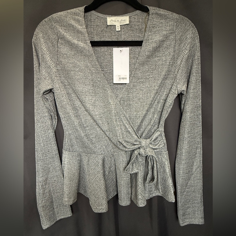Chic Gray Wrap Blouse with Tie Detail
